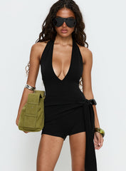Relina Plunge Neck Halter Playsuit Black