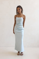 Away With You Satin Lace Strapless Maxi Dress Blue