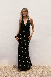 Dancing Stars Polka Dot Halter Maxi Dress Black