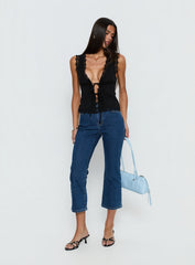 Kerena Lace Trim Tie Front Blouse Top Black