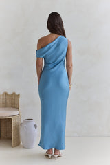 Noir Evenings Off Shoulder Satin Maxi Dress Blue