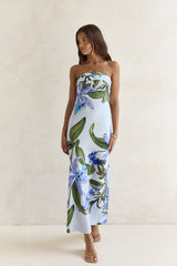 Bells Of Spring Satin Strapless Maxi Dress Blue