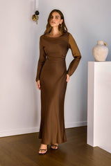 Cross The Skies Satin Long Sleeve Maxi Dress Brown