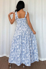 Sky Blue Floral Print Knot Straps High Waist Flared Maxi Dress