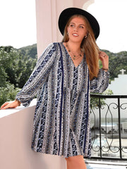 Plus Size Boho Print V-Neck Long Sleeve Mini Dress