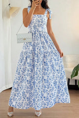 Sky Blue Floral Print Knot Straps High Waist Flared Maxi Dress