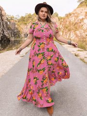 Plus Size Floral V-Neck Short Sleeve Maxi Dress