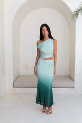 Soft Shades Off The Shoulder Mesh Maxi Dress Green