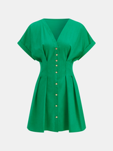 Cotton-Linen Pleated Button-Front Mini Dress