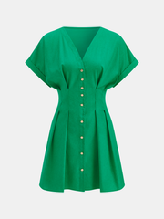 Cotton-Linen Pleated Button-Front Mini Dress
