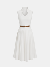 Belted Sleeveless Pleated Collared Dress