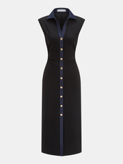 Denim Panel Sleeveless Buttoned Midi Dress