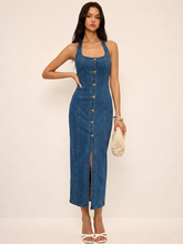 Denim Halter Button Front Maxi Dress