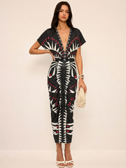 Geometric Print Deep V-Neck Midi Dress