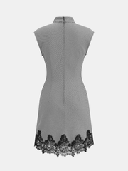 Lace Hem Gingham Sleeveless High Neck Mini Dress