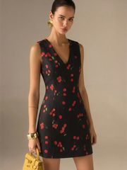 Cherry Print Sleeveless V-Neck Mini Dress