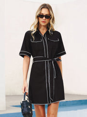 Oversized Contrast Stitch Belted Shirt Dress