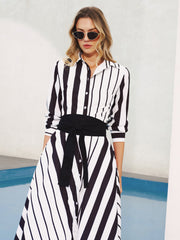 Striped Belted Shirt Midi Dress