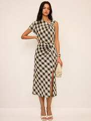 Plaid Asymmetric Slit Maxi Dress