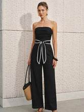 Linen-Blend Strapless Tie-Waist Wide Leg Jumpsuit