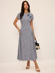 Gingham Frog Button Short Sleeve Midi Dress