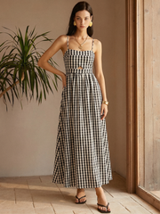 Gingham Cotton Blend Cutout Cami Maxi Dress