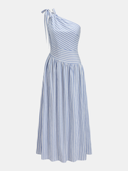 One Shoulder Striped Cotton Blend Maxi Dress