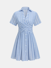 Striped Cotton Linen Short Sleeve Shirt Dress
