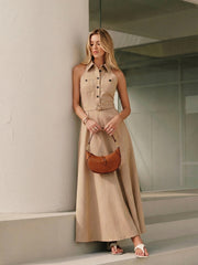 Collared Halter Backless Belted Maxi Dress