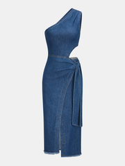 One-Shoulder Cutout Denim Midi Dress