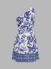 One Shoulder Floral Print Belted Mini Dress