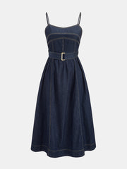 Belted A-Line Denim Cami Midi Dress