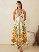 Tropical Floral Print Deep V-Neck Maxi Dress