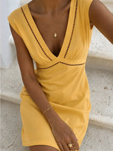 Linen Blend Eyelet Trim Sleeveless Mini Dress