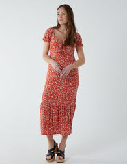 Shirred Milkmaid Sweetheart Midi Dress