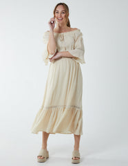 Off Shoulder Elasticated Lace Insert Midi Dress