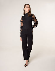 Turtle Neck Jumper With Mesh Polka Dot And Flower Detailed Sleeves