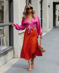 Brenda Satin Tie Front Crop Blouse - Pink