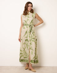 Leaf Print Collarless Shirt Dress With Belted Waist