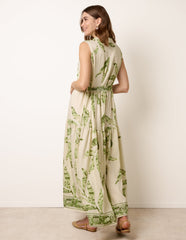 Leaf Print Collarless Shirt Dress With Belted Waist