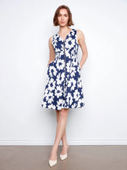 Cotton Voile Printed Front Zip Knee Length Dress in Dahlia Print