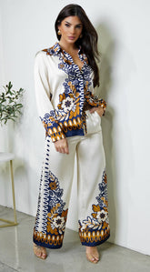 Georgina Floral Print Satin Set - Cream