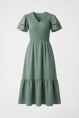 She Means Business Sage Smocked Midi Dress
