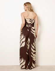 Printed Bandeau Tie Neck Shirred Jumpsuit