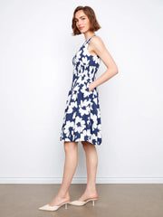 Cotton Voile Printed Front Zip Knee Length Dress in Dahlia Print