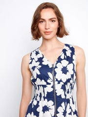 Cotton Voile Printed Front Zip Knee Length Dress in Dahlia Print