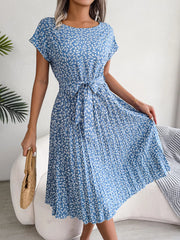 Floral Print Pleated Midi Dress with Belt