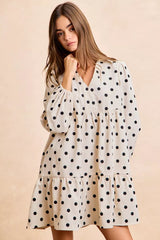 BiBi Polka Dot Corduroy Collared V Neck Dress