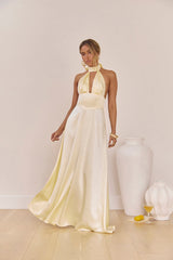 Hour Of Love Satin Halter Maxi Dress Yellow