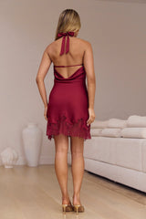 Chasing Reflections Satin Halter Mini Dress Burgundy